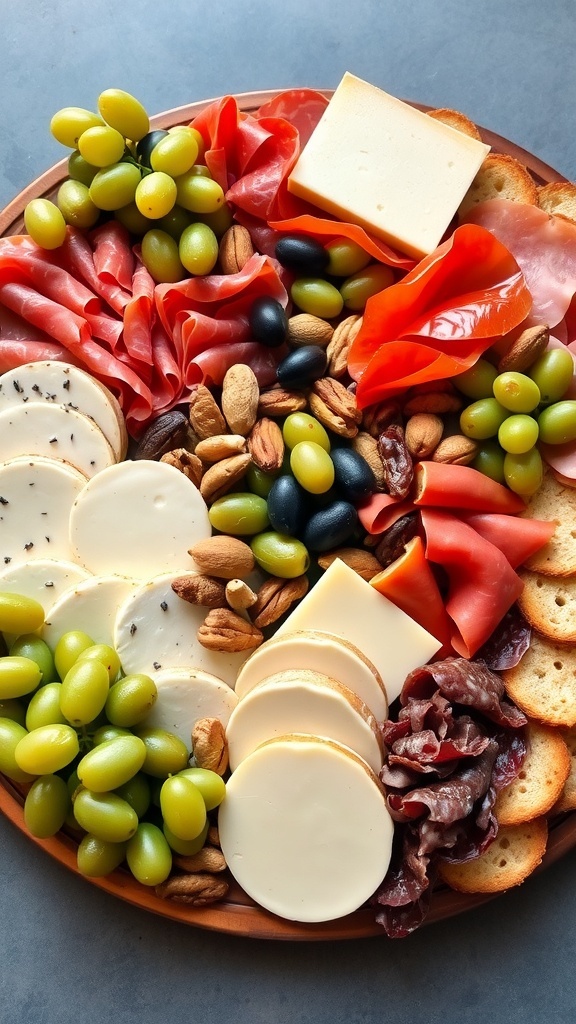 An Italian charcuterie board with cured meats, cheeses, olives, nuts, and fresh fruits, arranged on a wooden platter.